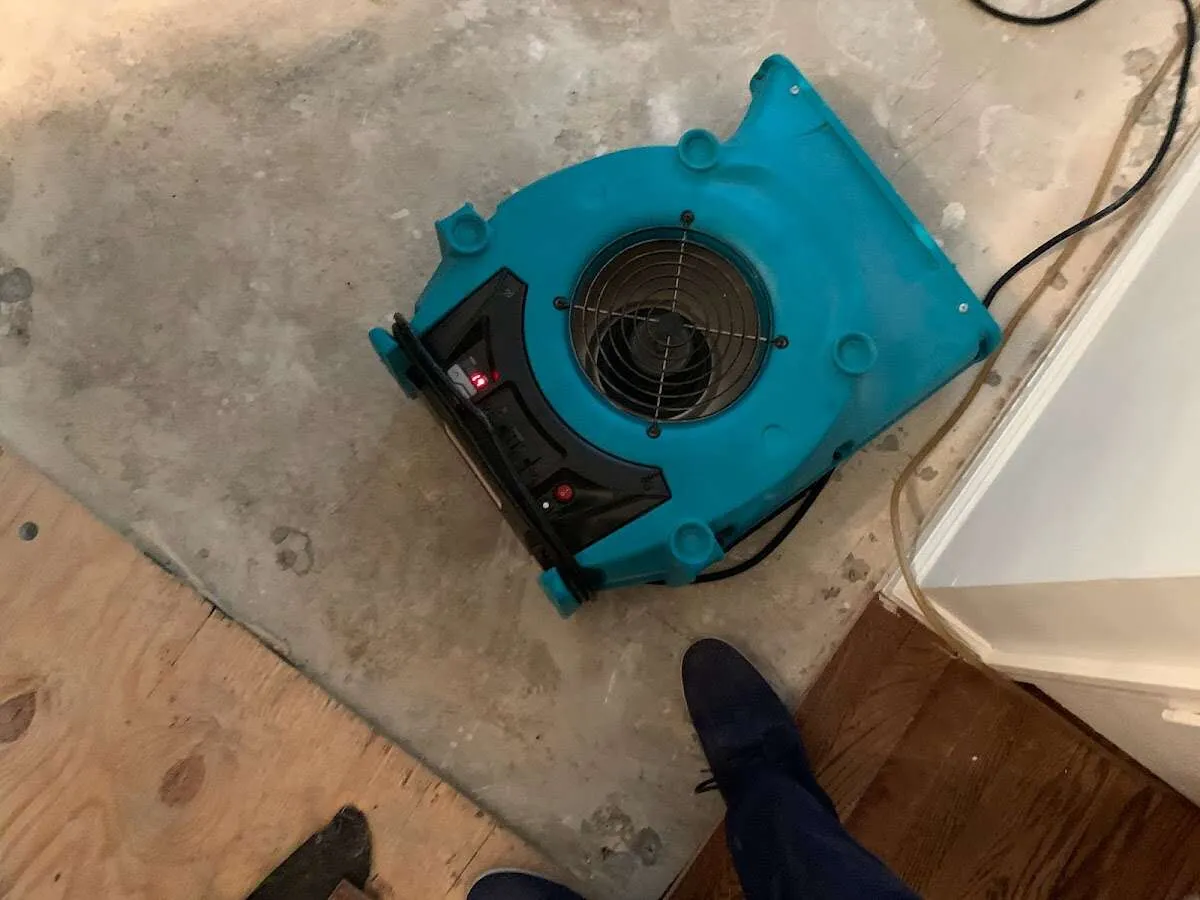 Air mover drying subfloor during Commercial Water Damage Restoration in Dover